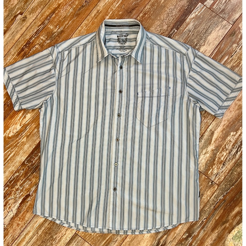 Kuhl Eluxur Mens XL Blue Striped Short Sleeve Button Down Hiking Shirt IONIK
